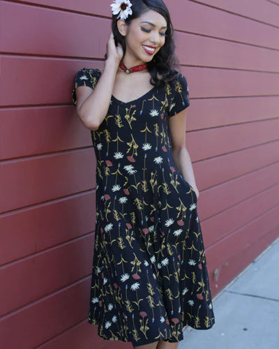 Dress--"Sadie", Scoop Neckline, Cap Sleeve, Cotton Jersey Knit, "Grow"--Black(Effie's Heart)