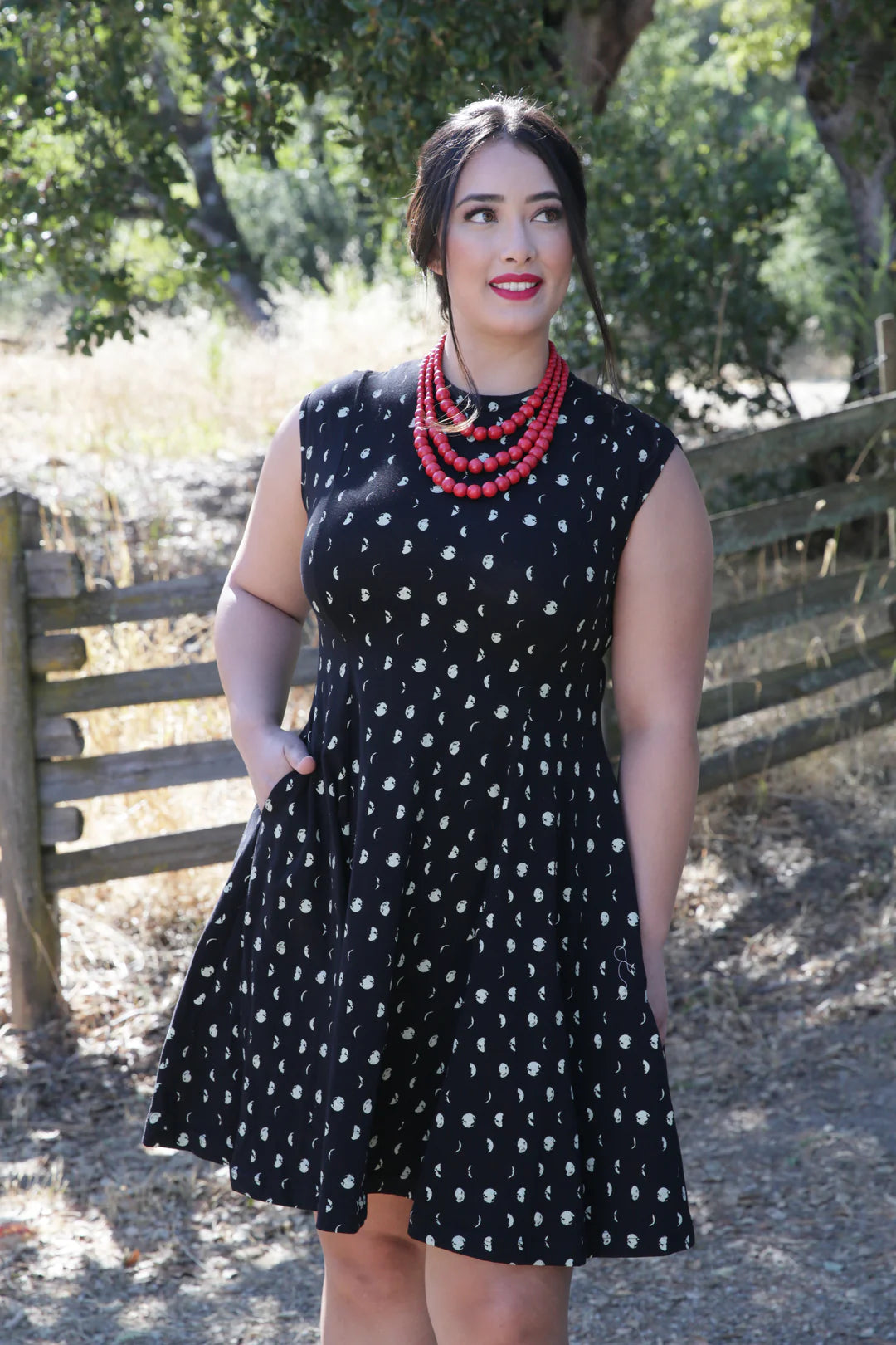 Dress--"Mia", High Neckline, Sleeveless, Cotton Jersey Knit, "Mond"--Black w/white Moons (Effie's Heart)