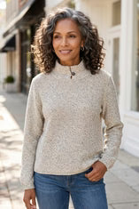 Sweater--"Speckled". Mock Funnel Neck w/Button Closure, Winter White (Habitat)
