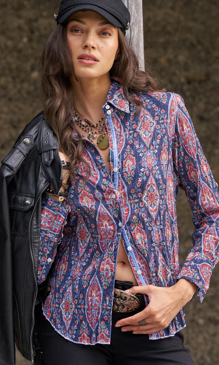 Shirt--"Indigo Navajo", Crinkle Cloth, Paisley-Navy (Cino)