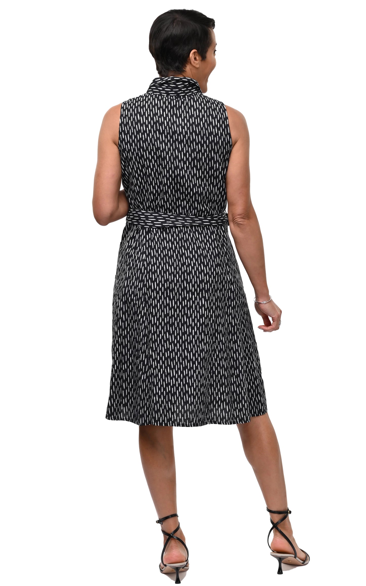 Dress--"Christine", Sleeveless, Cotton, Dash Lines--Black & White (Tulip)