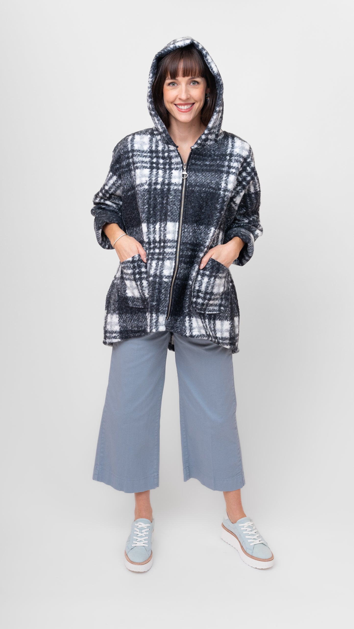 Coat--Zip front, High-Lo, Check--Black & White (Me & Gee)