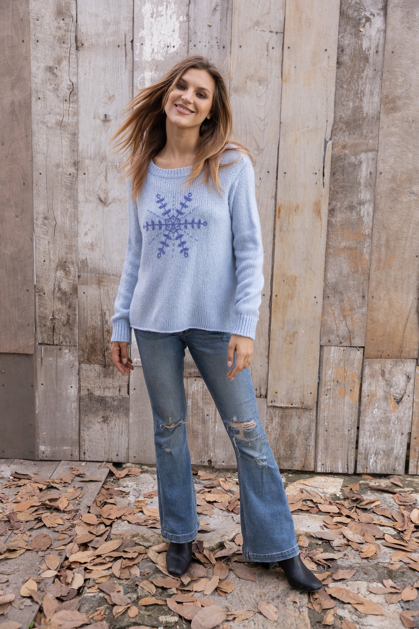 Sweater--One Big Snowflake ("Clara"), Chunky Knit, Wool-Mohair-Acrylic, Light Blue (Wooden Ships)