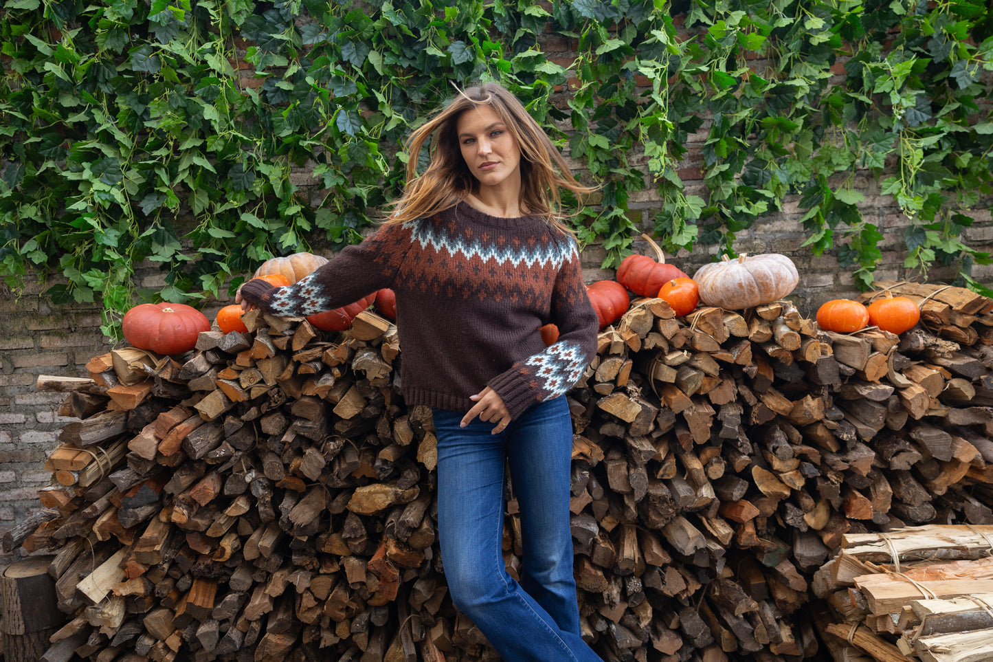 Sweater--"Jaxon Fair Isle", Raglan, Chunky Knit, Brown-Black Multi (Wooden Ships)