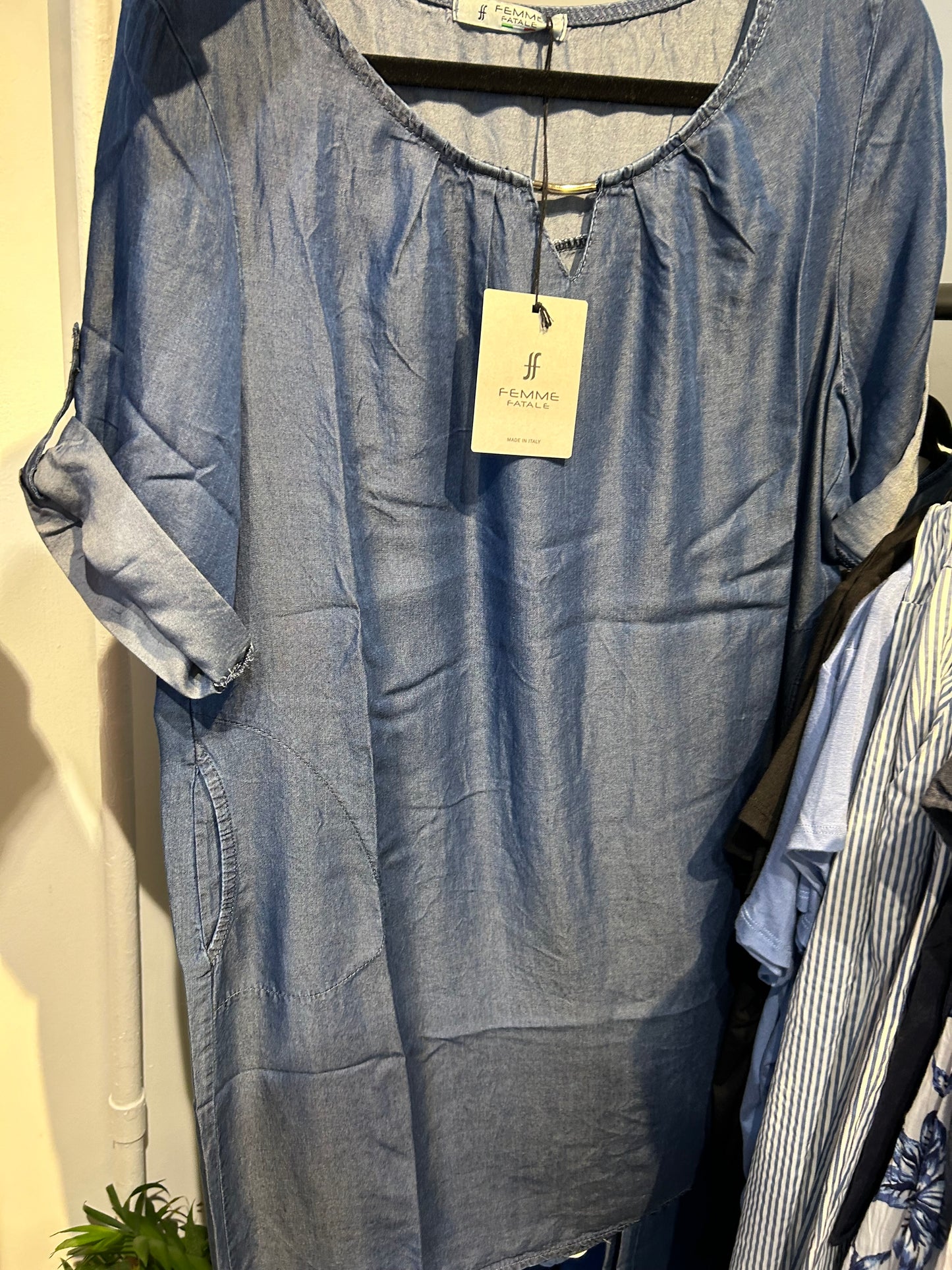 Dress--Tencel, Short Sleeve w/Metal Accent, Indigo (Femme Fatale)