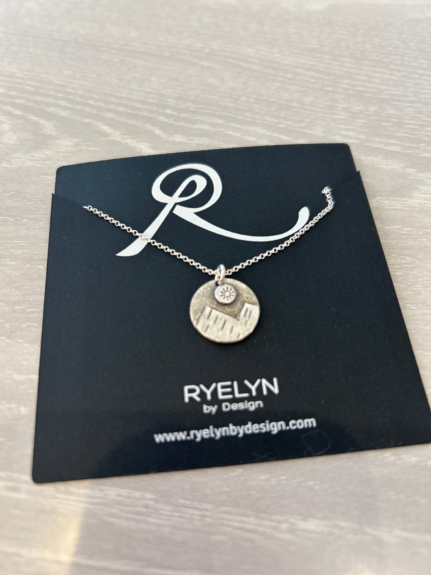 Necklace--"Mountain with Sun", Soldered/Textured, Silver (Ryelyn By Design)