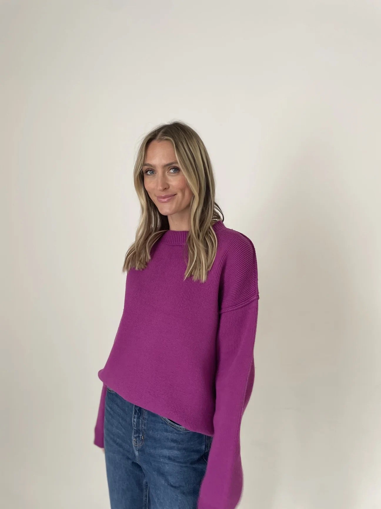 Sweater--"Aspen", Crew, Oversized, Magenta (Six Fifty)