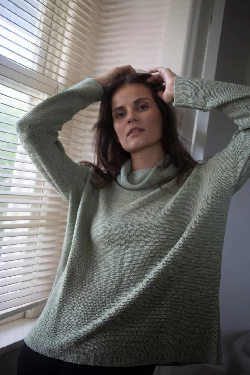 Sweater--"Eco Dog Walker", Mock Turtleneck, Cotton-Modal, 4 Colors (Echo verde)
