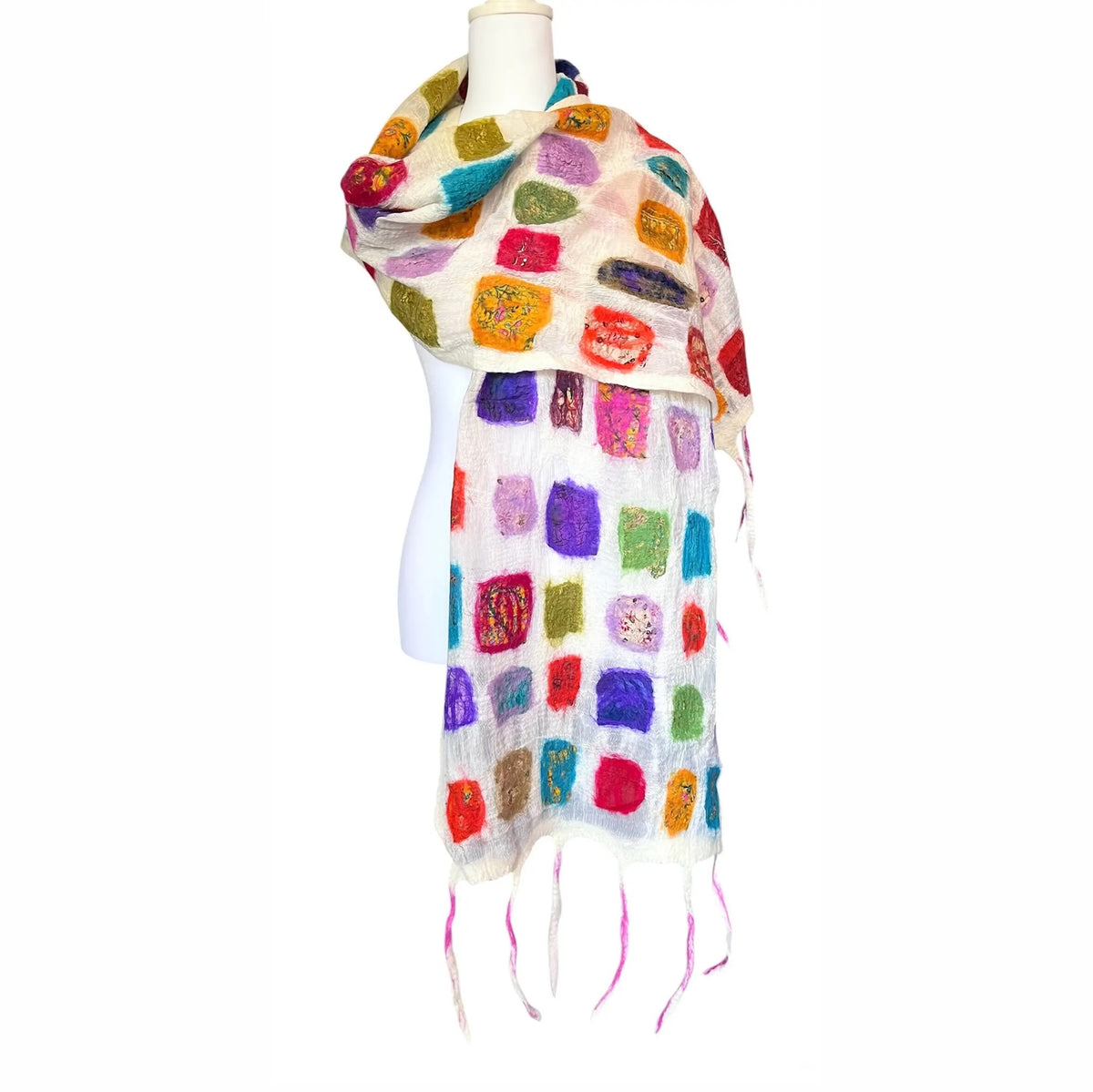Scarf--"Sari-Windowpane", Wool-Silk, WHITE Multi (Pomegranate Moon)