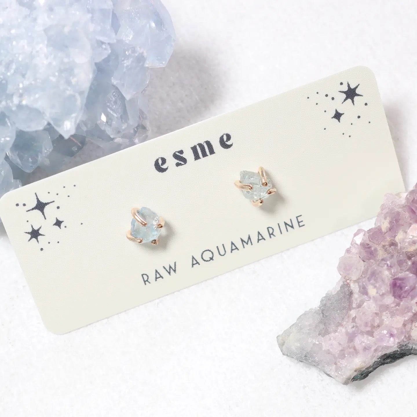 Earrings--Stud, Raw Stone, Silver OR Gold, 3 Stones (Esme)