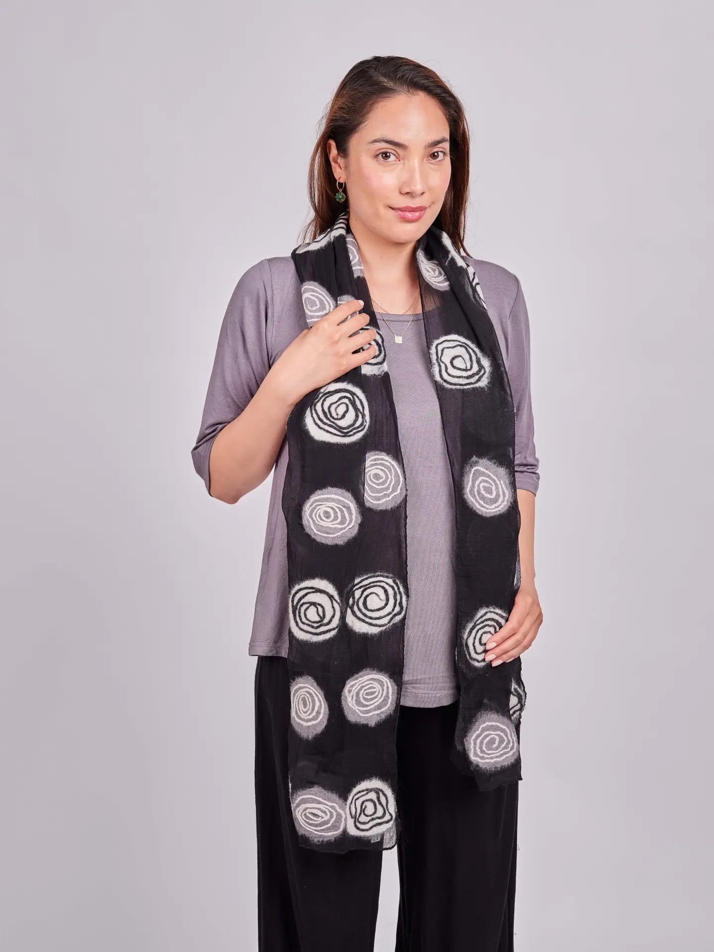 Scarf--"Spiral Circles", Felted Wool & Silk, B&W OR Multi (Windhorse)