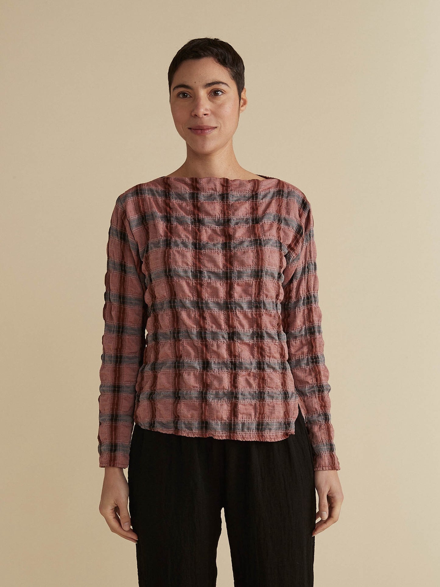 Top--Crinkle Plaid, 3/4 Sleeve, "Myrtle" (cut loose)