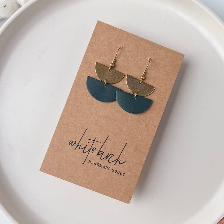Earrings--Double Half Moons, Brass & Leather (Whitebirch Handmade Goods)