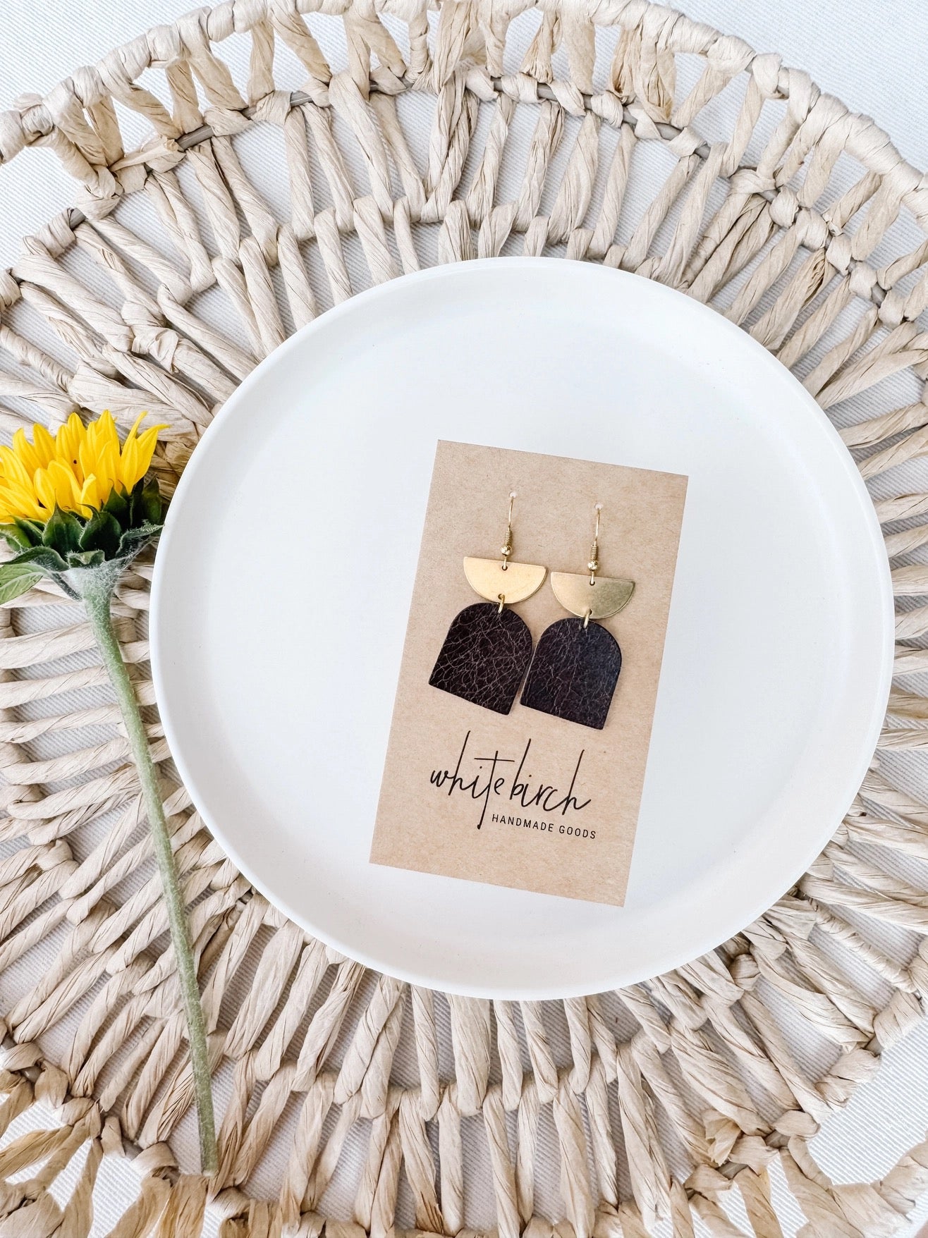 Earrings--Half-Moon & Pendant, Leather & Brass, 4 Colors (White Birch)