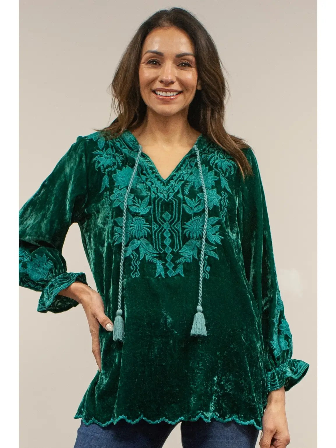 Blouse--"Tallon", Embroidered, Lagoon Green (Kyla SEO)