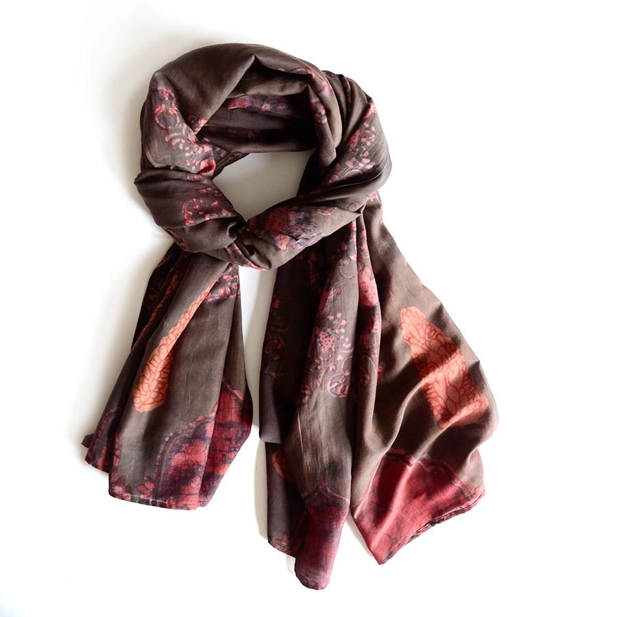 Scarf--Batik, Botanical Pattern, Cotton-Silk, Pink & Brown (Ichcha)