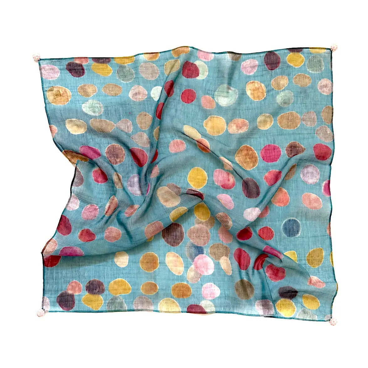Scarf--Polka Dots, Cotton-Silk, Light Blue w/Multi Color Dots (Marigold Rowy)