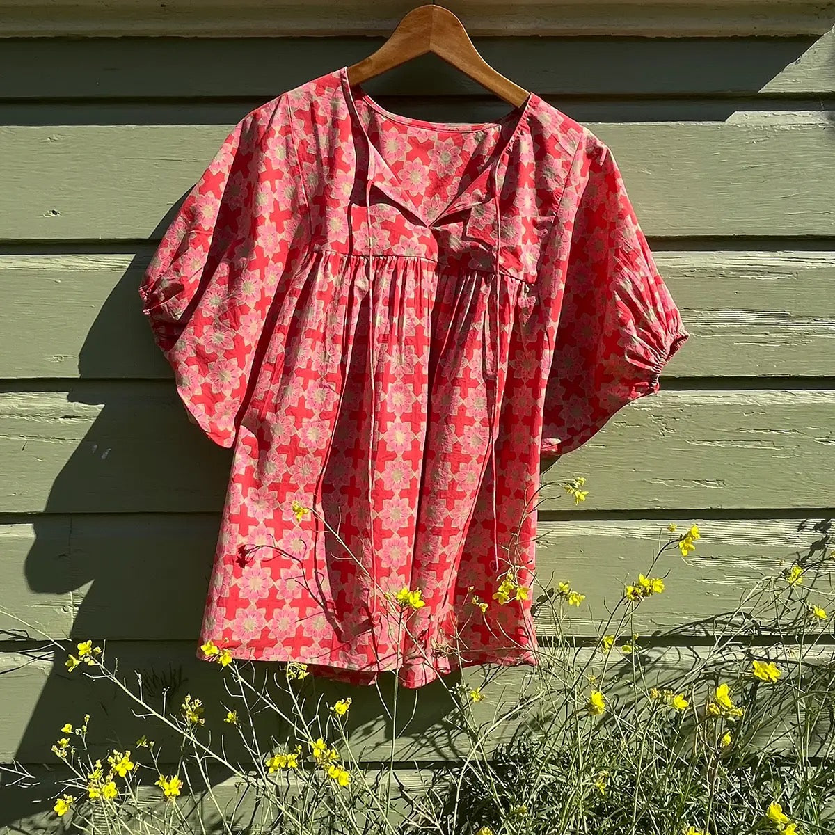 Blouse--"Albi", Tie-Front, Puff Sleeves, Red (Little Journeys)