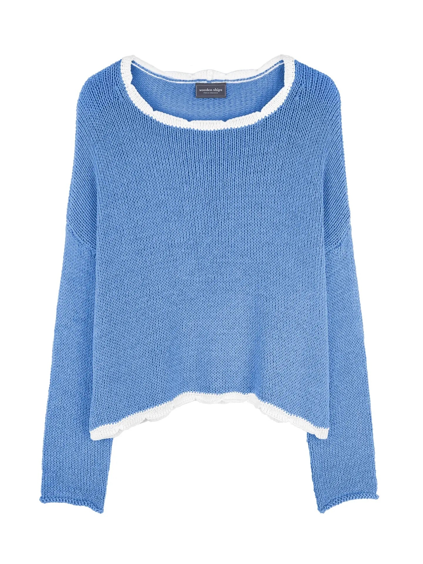 Sweater--"Kyla", Tipped, Cotton, Mykonos Blue/White (Wooden Ships)