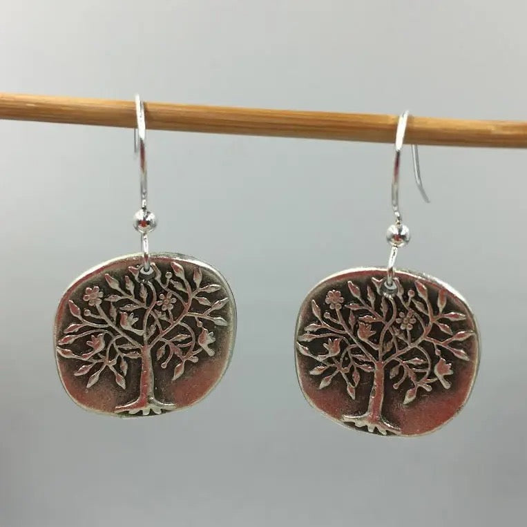 Earrings--"Tree of Life", Dangle, Silver-Plated Brass (Volare)