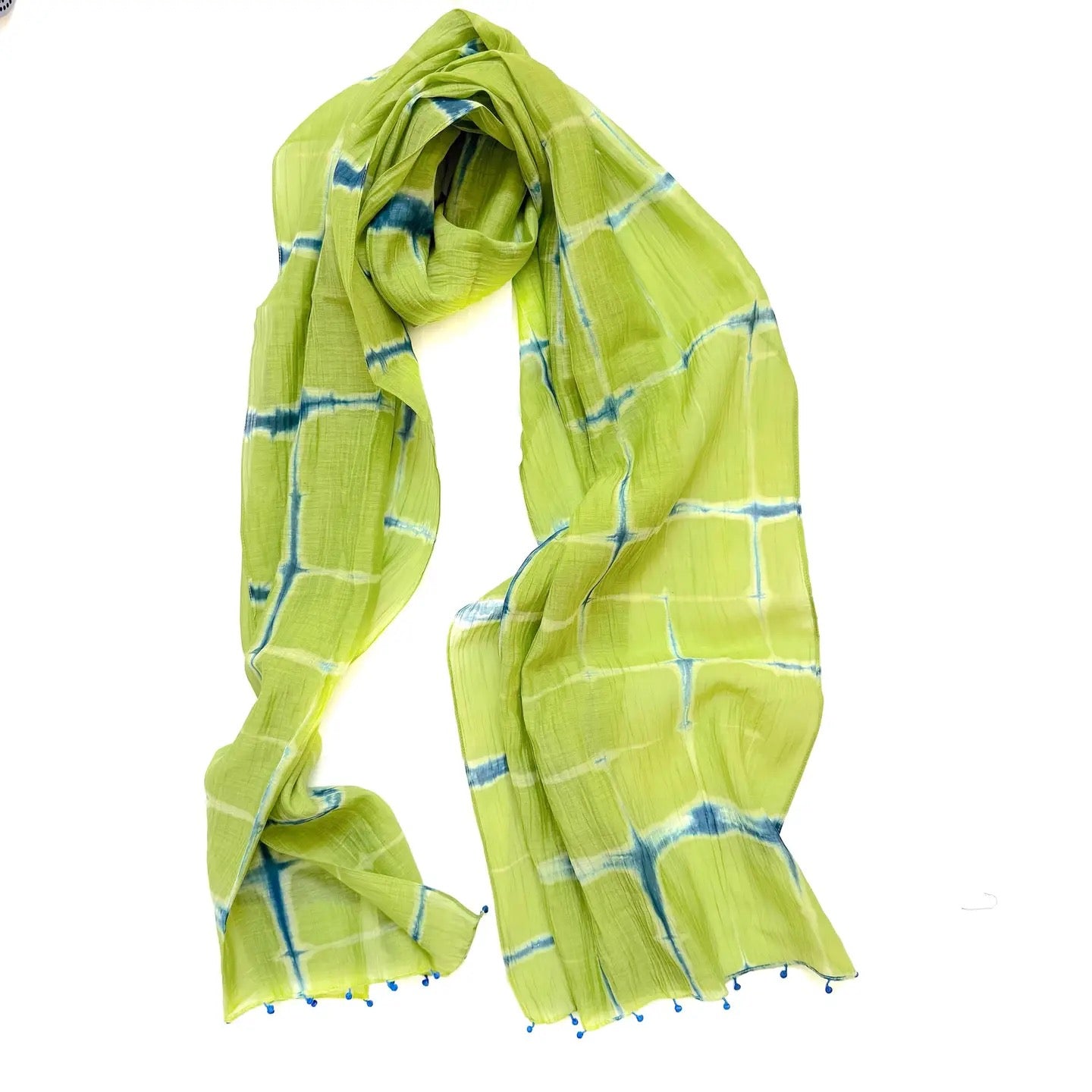 Scarf--Clamp-Dyed, Cotton-Silk, Lime & Turquoise (Marigold Row)
