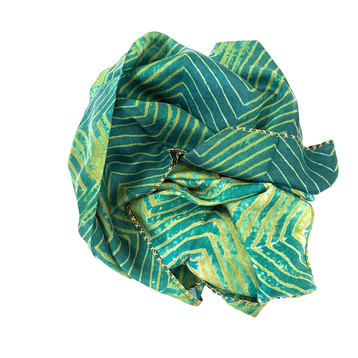 Scarf--Cotton-Silk, Green Teal & Gold (Marigold Row)