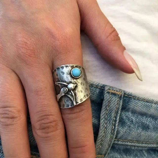 Ring--"Bird With Stone", Silver-Plated Brass, 4 Stones (Volare)