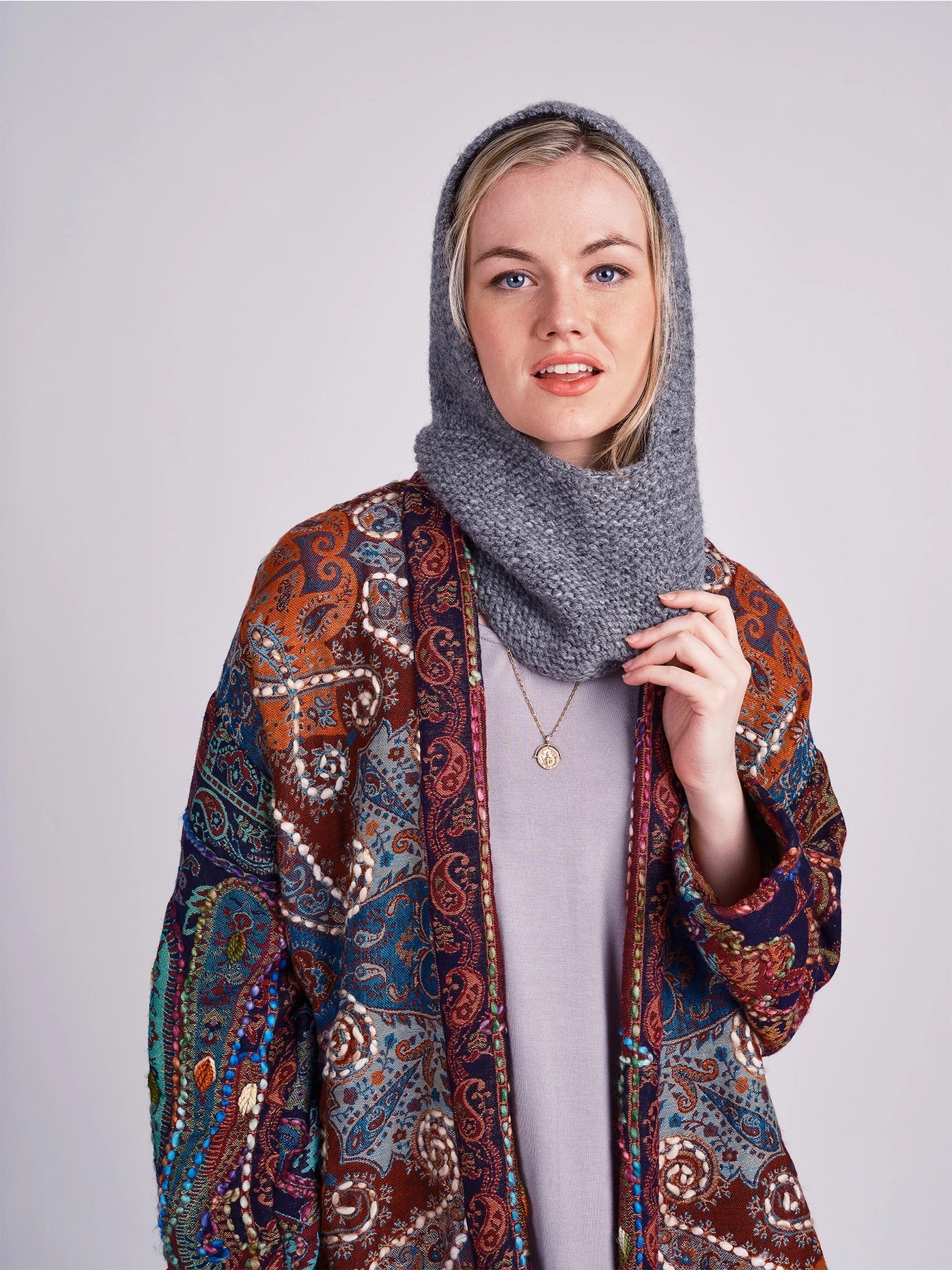 Jacket--"Jaipur", Embroidered, Open Front, Rust & Blue (Windhorse)