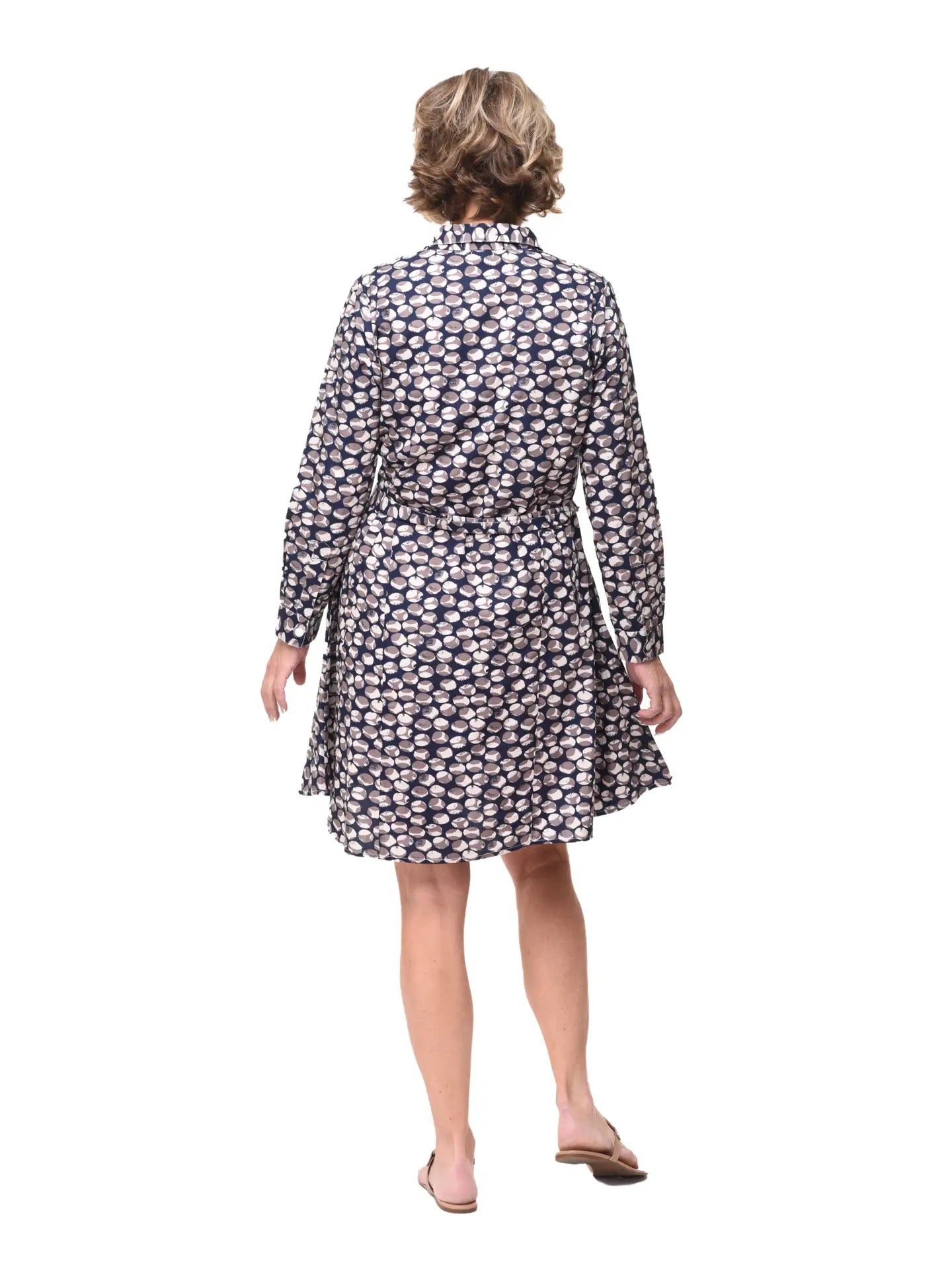 Dress--"Shira", Long Sleeves, Cotton, Circles--Navy, Cream & Dun (Tulip)