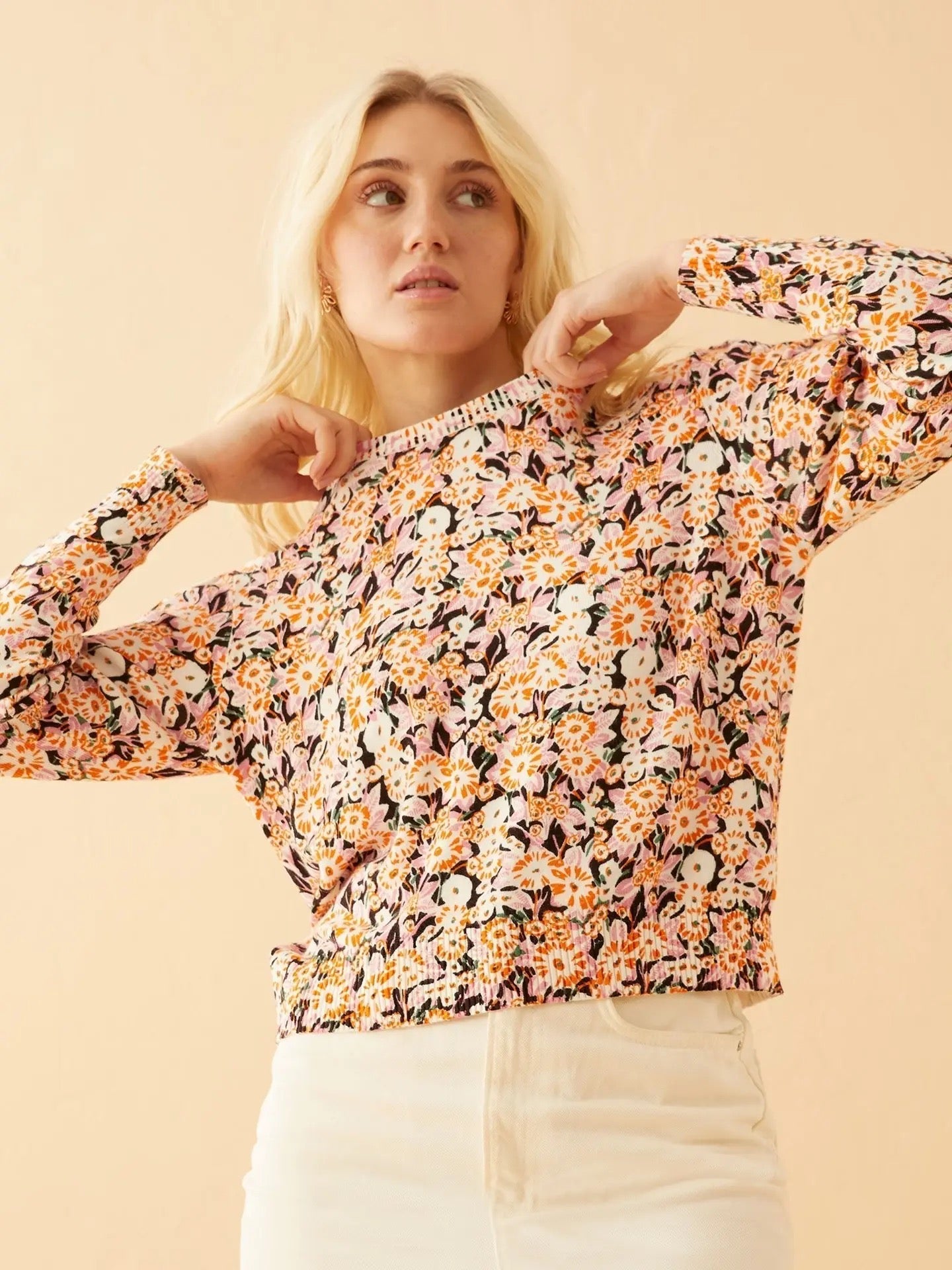 Top--"Uma", Floral, Crew, Multi--Navy, Pink, Orange (Myra Bag)