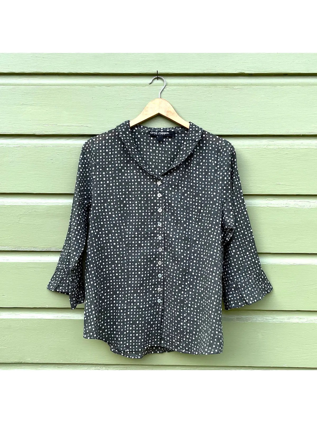 Blouse--"Paris-Polka Dots", 3/4 Sleeve, Olive/grey/white (Little Journeys Chicago)