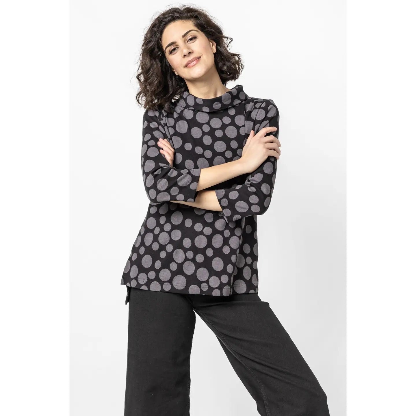 Top--"Spot"-Luna, Cowl, 3/4 Sleeve, Grey/Black (Komil)