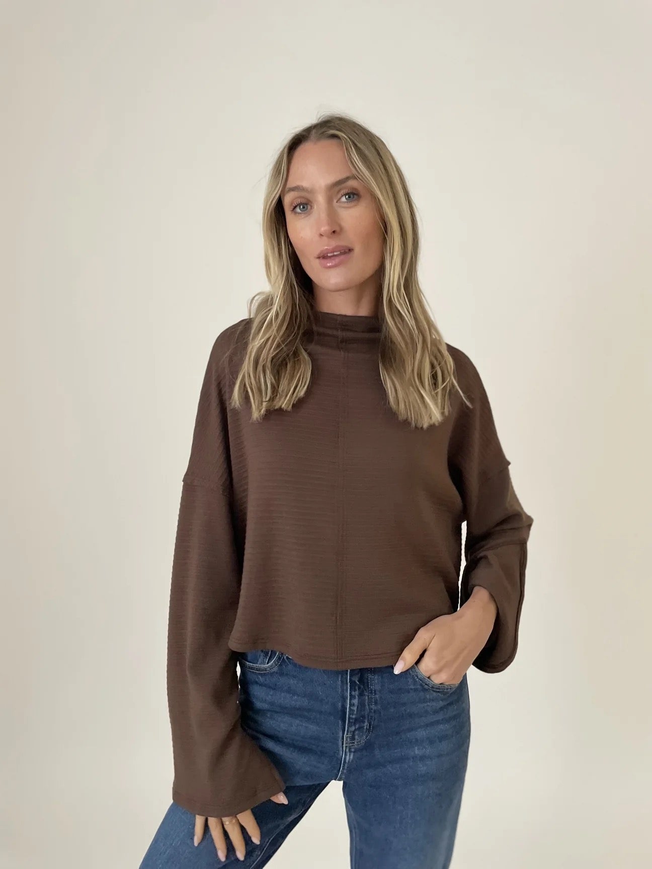 Sweater--"Kayla", Cropped, Bell Sleeves, Brown (Six Fifty)