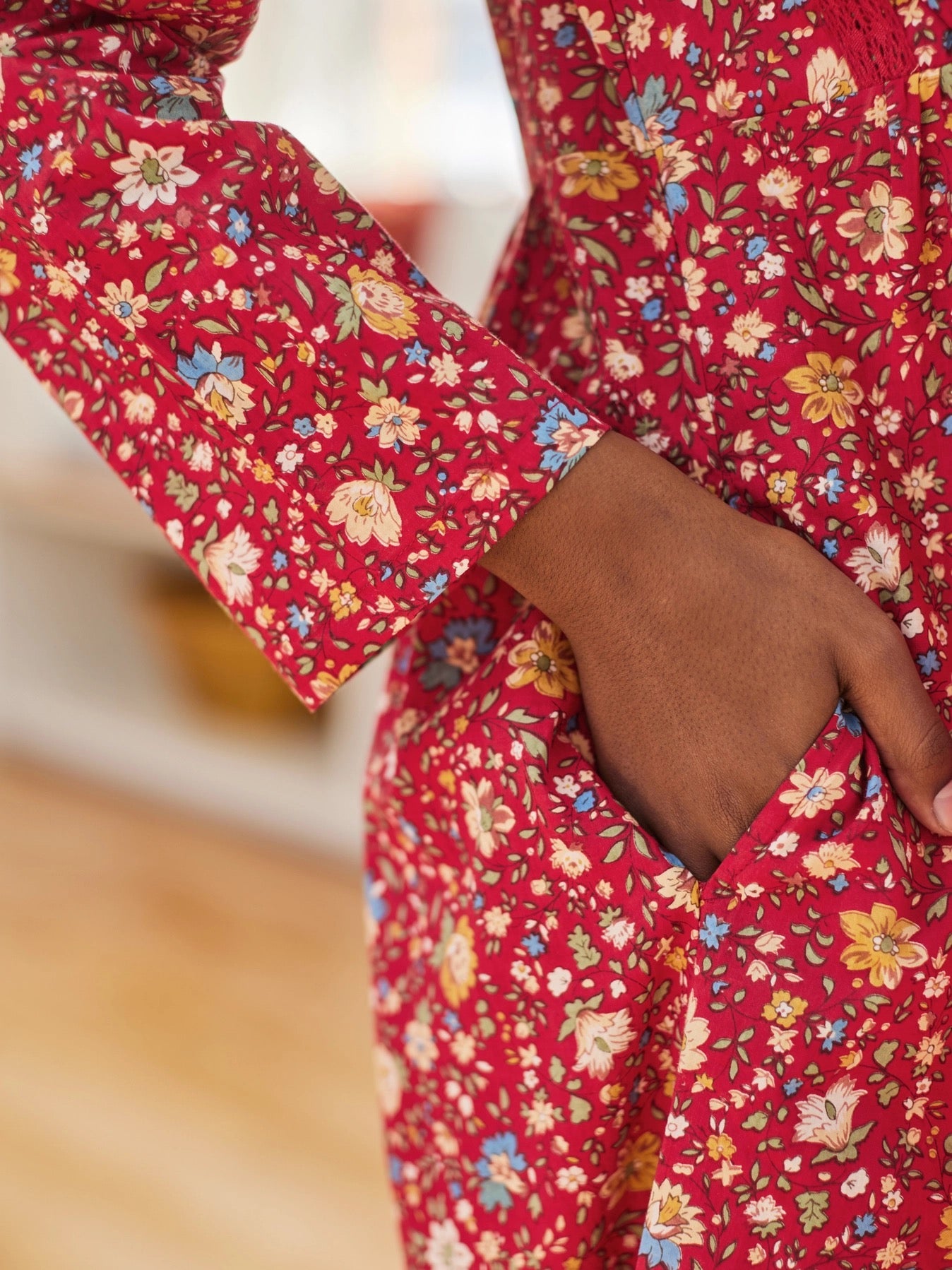 Night gown--Cotton, Long-Sleeved, Red Floral (April Cornell)