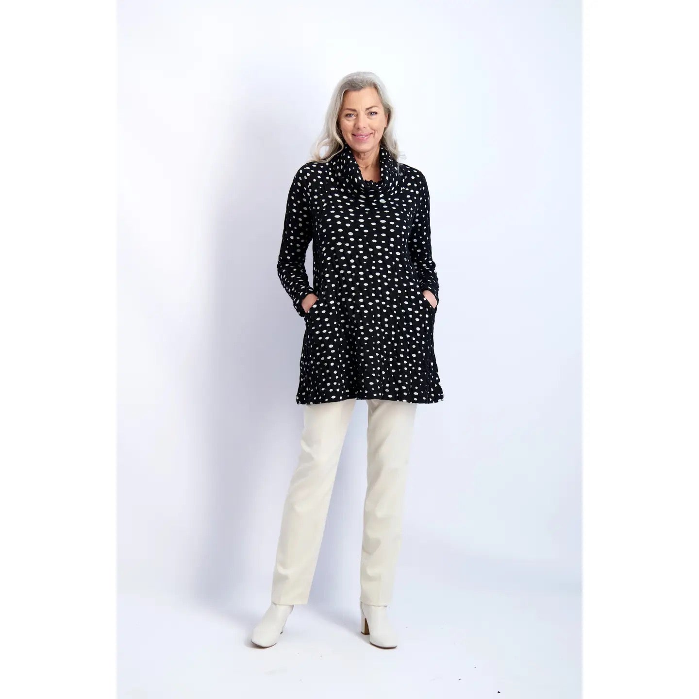 Tunic--"Spot"-Thira, Cowl, Long Sleeve, Black/White(Komil)