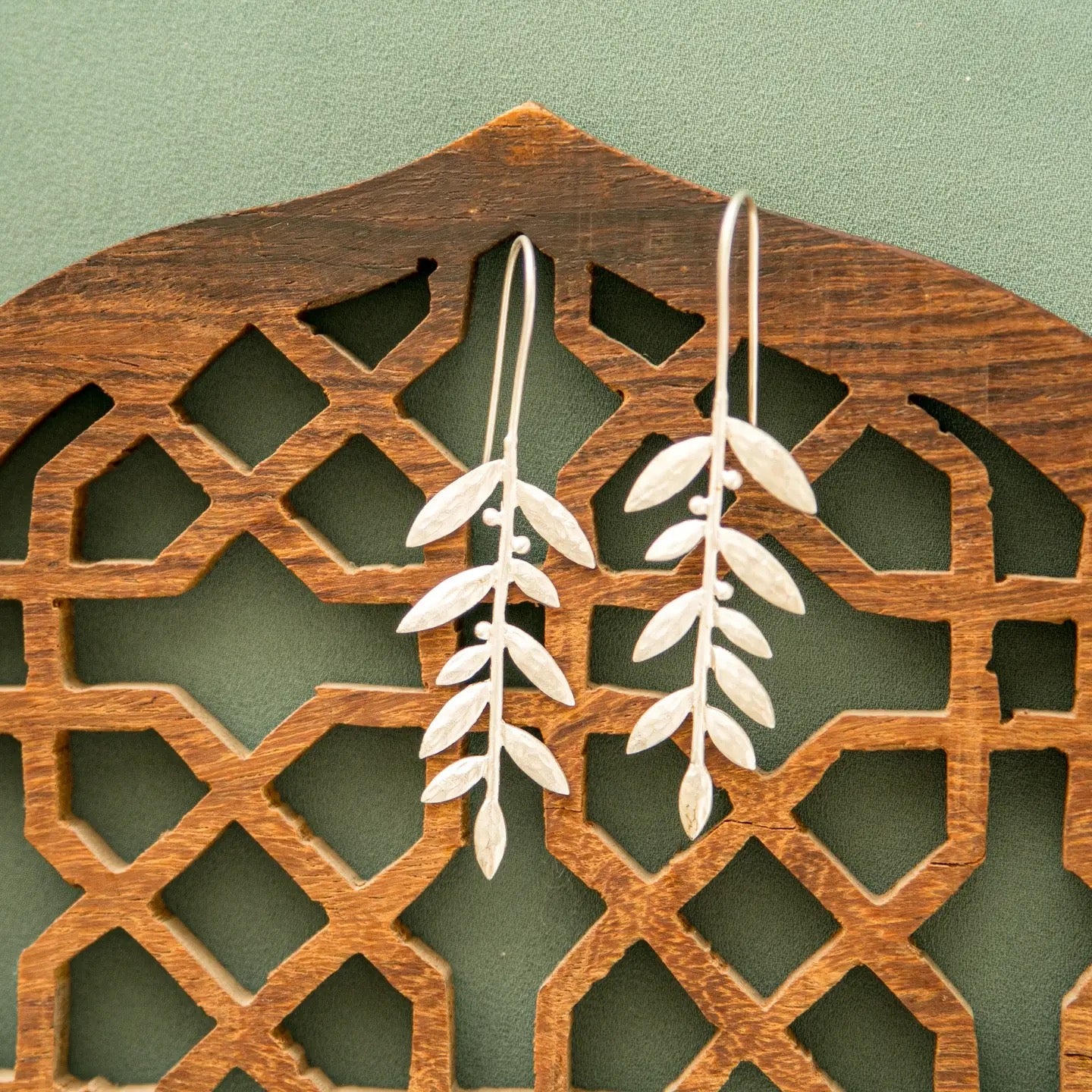Earrings--Branch with Leaves, Silver (Rahab's Rope)