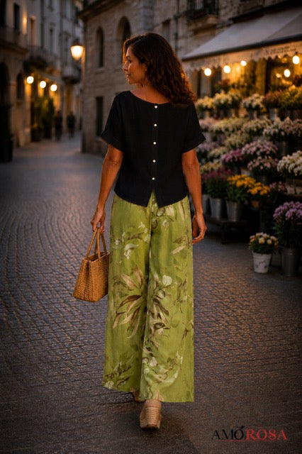 Pants--Wide Leg, Linen, Botanical Olive Print--Kiwi (Amorosa)