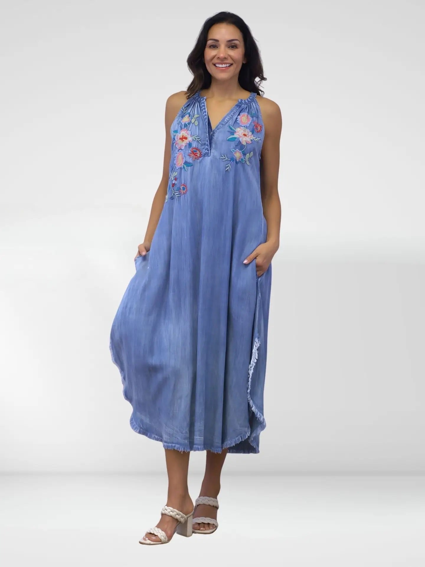 Dress--"Britta", Embroidered, Floral on Denim (Caite & Kyla SEO)