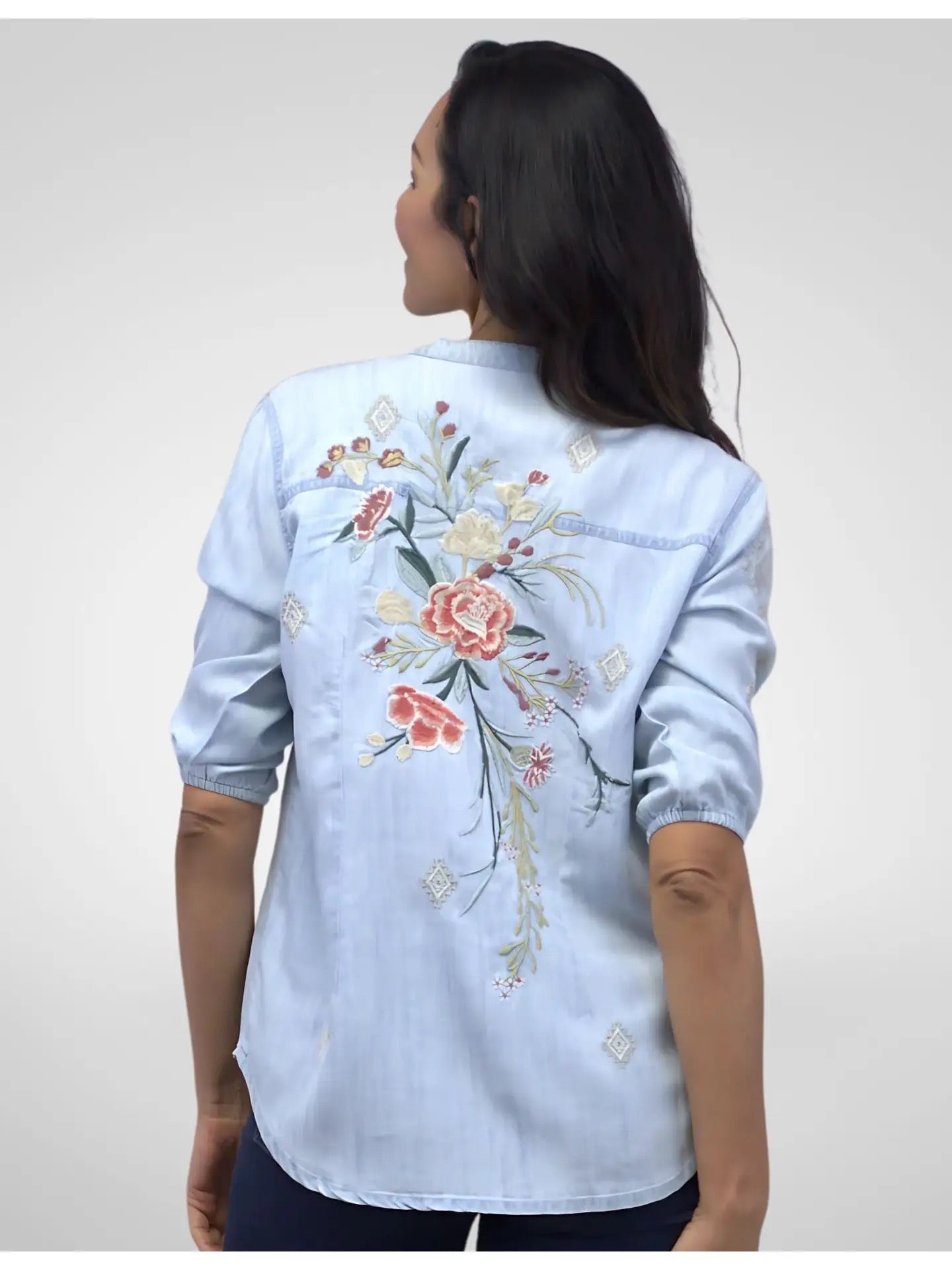 Blouse--'Tyra", Embroidered, Floral, Soft Denim (Caite & Kyla SEO)