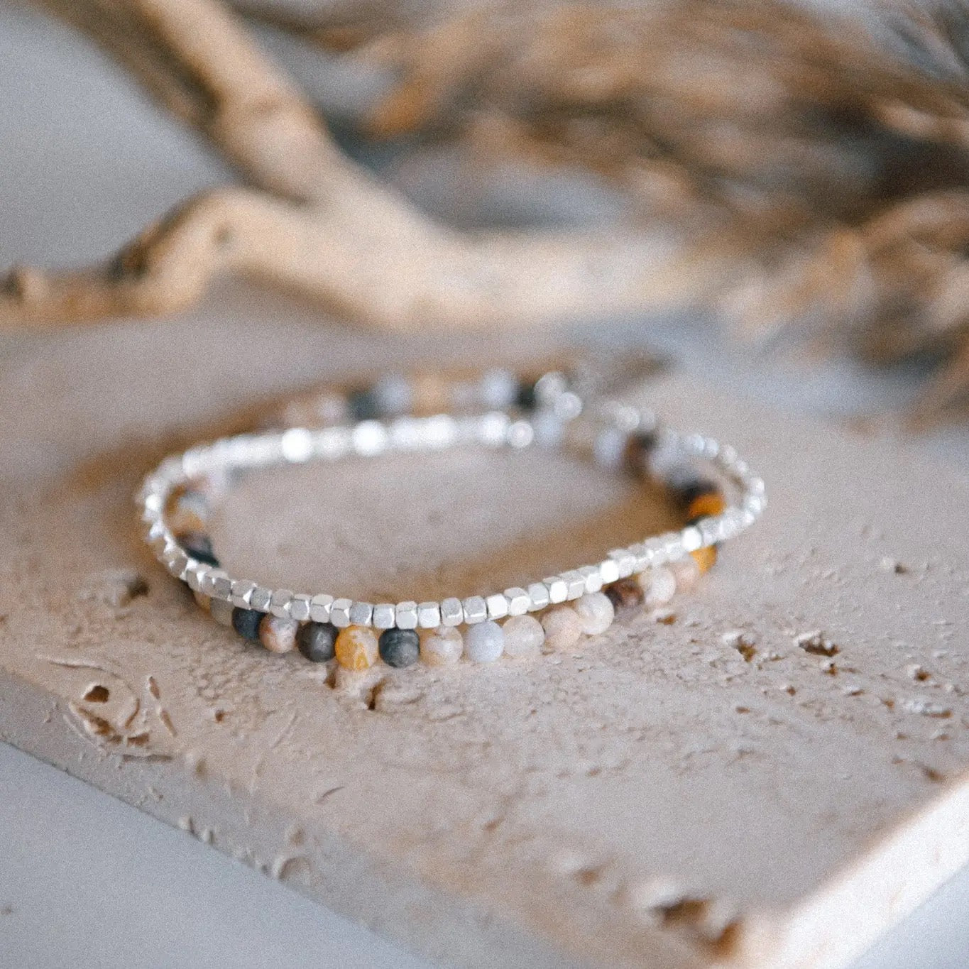 Bracelet--Double Wrap, Stone & SILVER Nuggets, 7 Stones (Cecelia Designs)