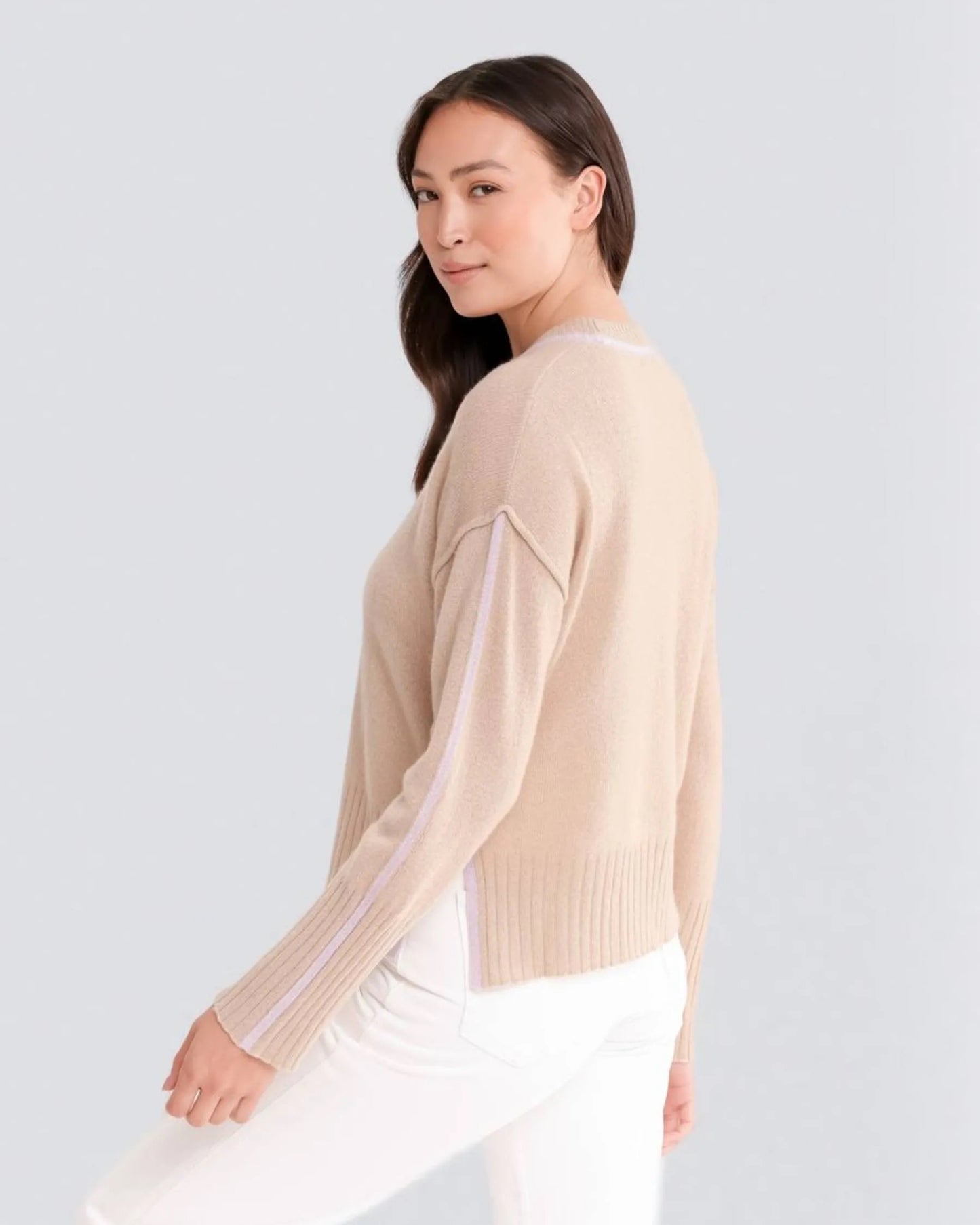 Sweater--"Juliette", Crew Neck, Cashmere, Grey w/Dragonfruit Contrast Piping (Alashan)