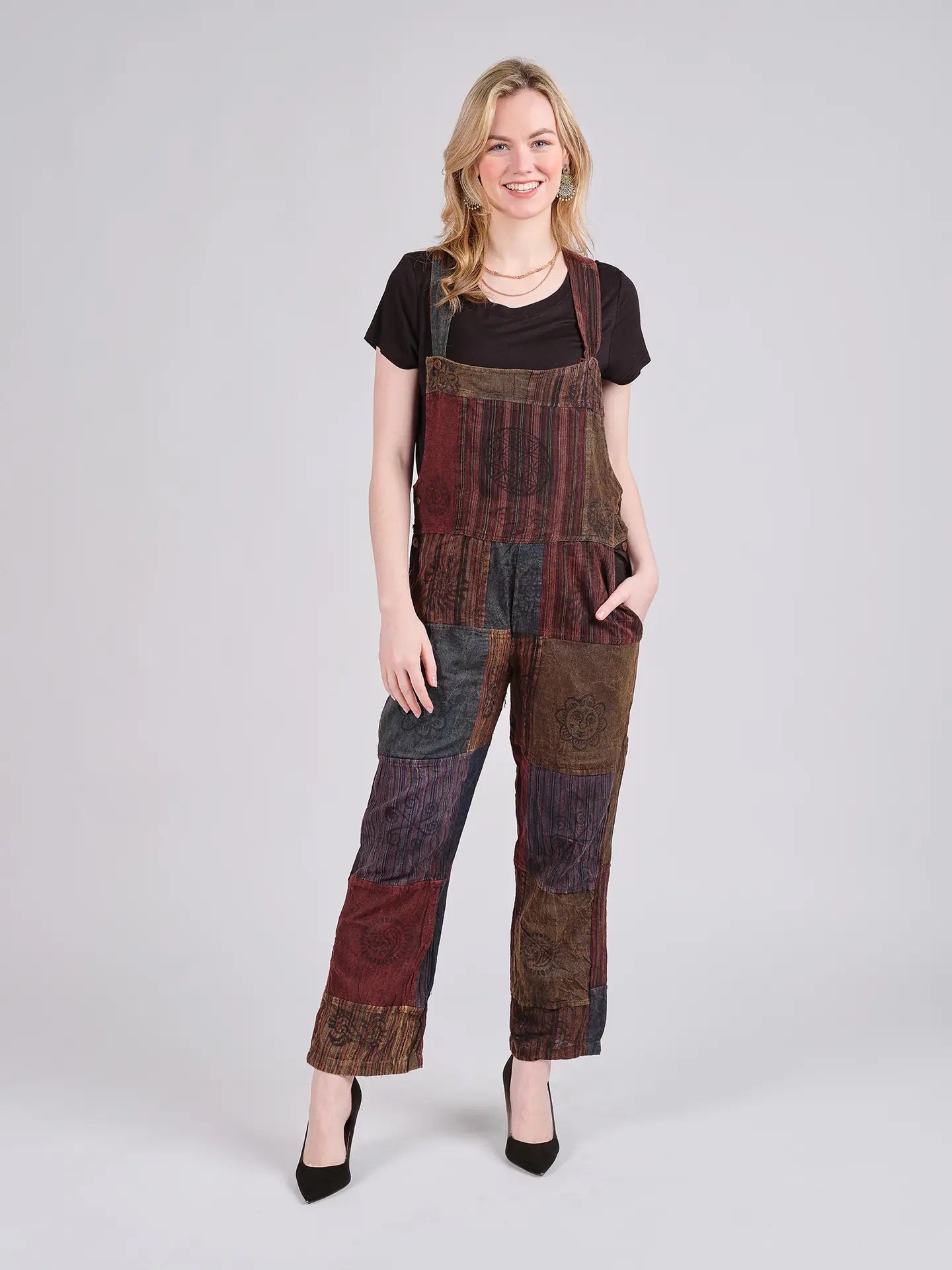Overalls--"Boho Patch", Cotton, Blue OR Brown (Windhorse)