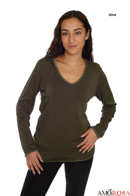 Top--Sparkle trim, Long-Sleeved, Taupe or Black (Amorosa)