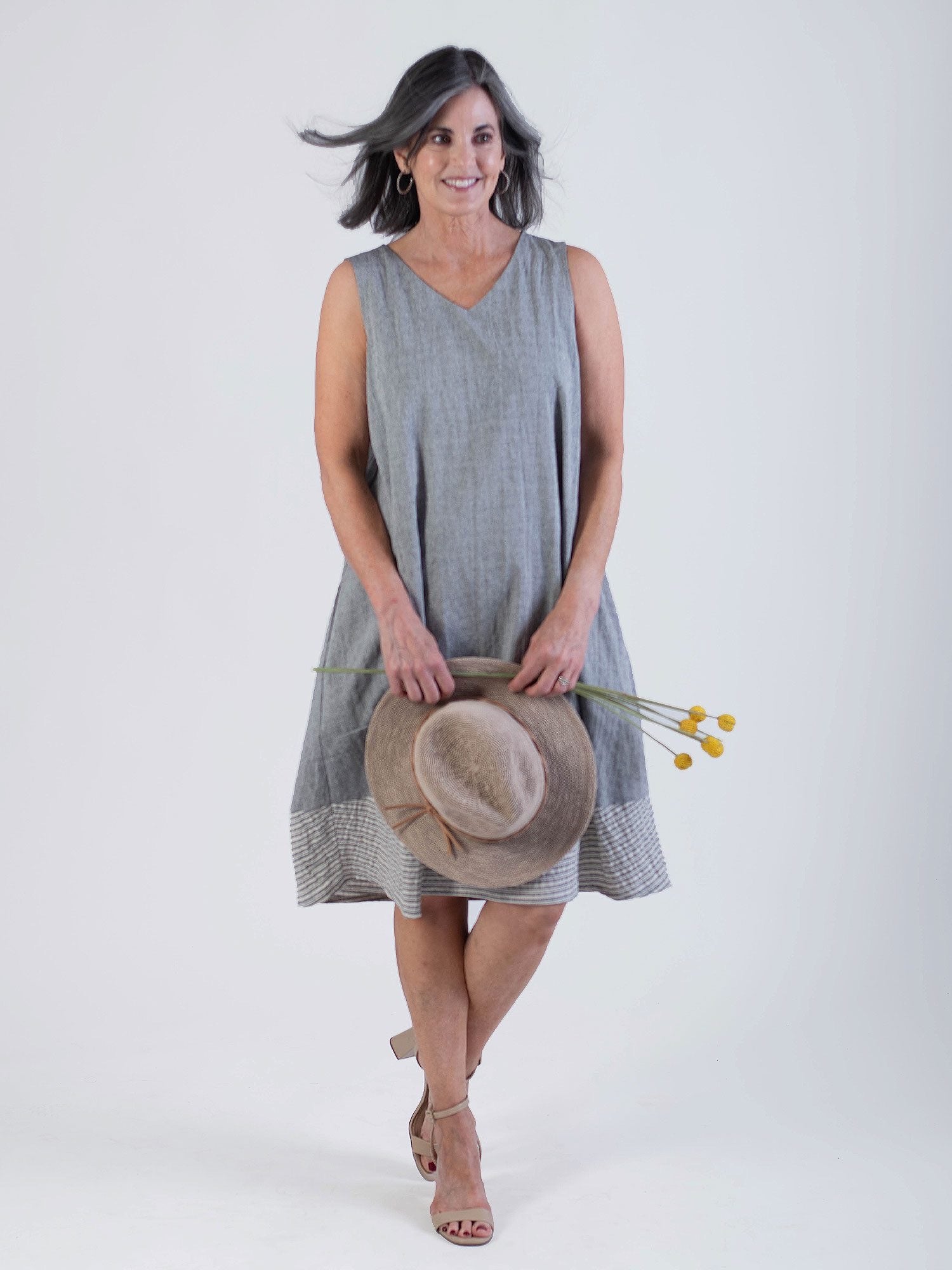 Dress--"Everyday", Cotton-Linen, Grey/Grey Stripe (F.H Clothing) Bloom Dress--"Everyday", Cotton-Linen, Grey/Grey Stripe (F.H Clothing) Bloom