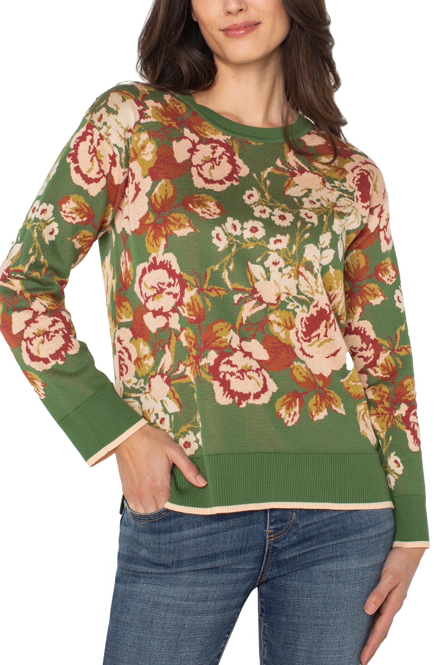 Top--Long Sleeved, Green Floral (Liverpool LA)