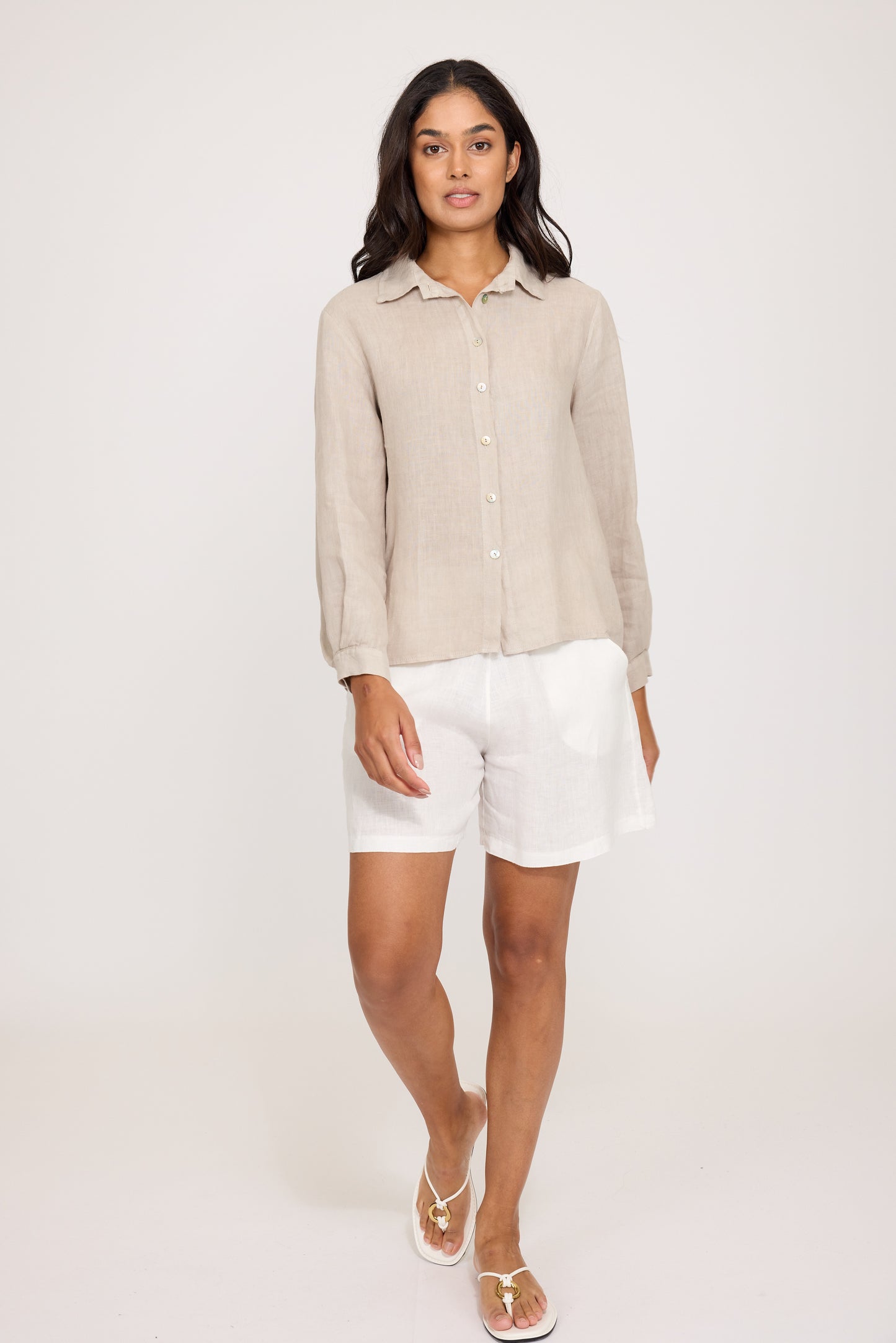 Blouse--Linen, Button, Long Sleeves, Military Green (Pistache)