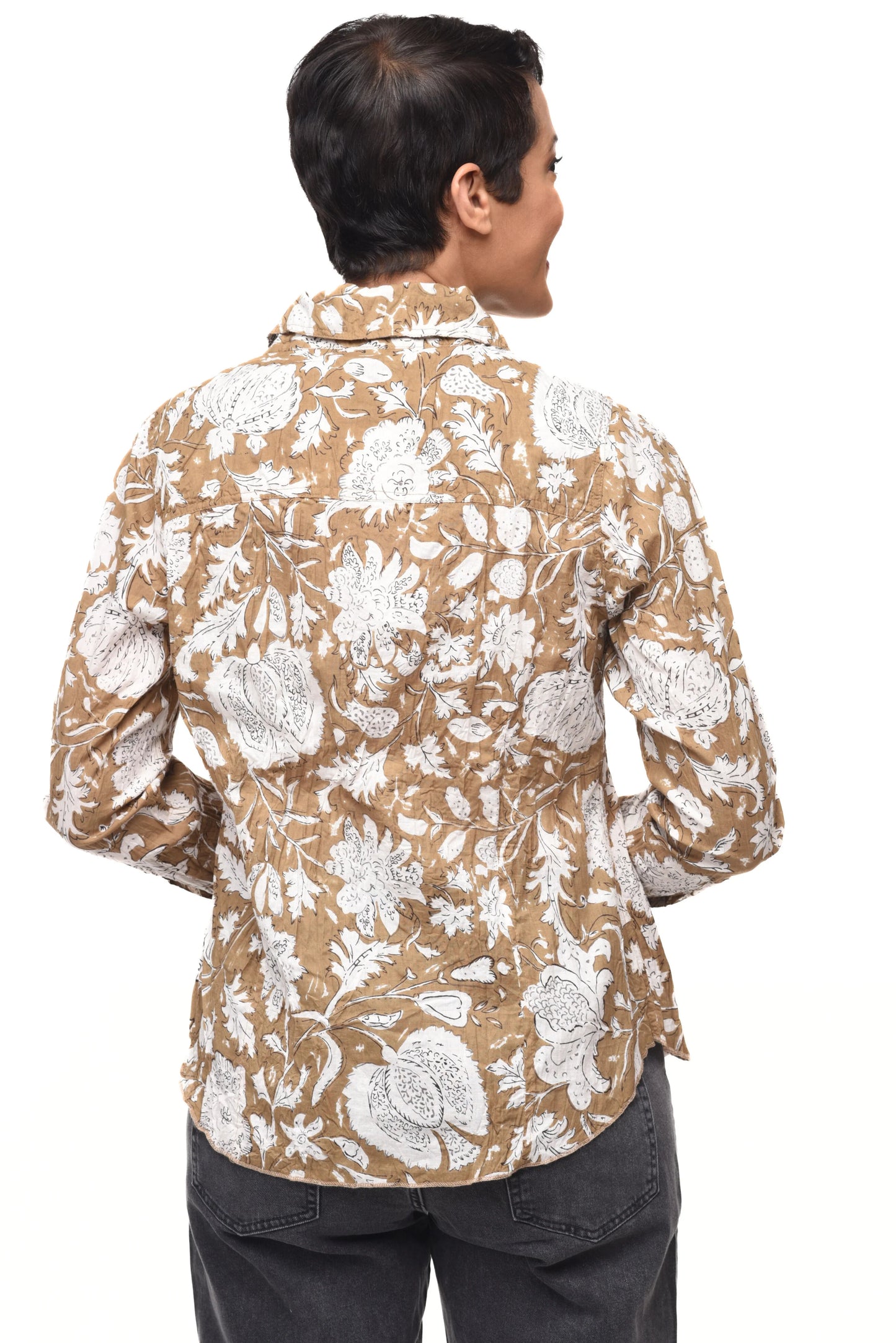 Shirt--"Gretchen", Long Sleeve, Cotton, Nehru--Calf Brown (Tulip)