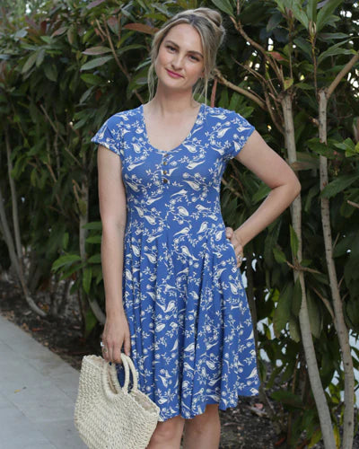 Dress--"Besi", V-Neck, Cotton Jersey Knit, "Chickadee"--Royal Blue (Effie's Heart)