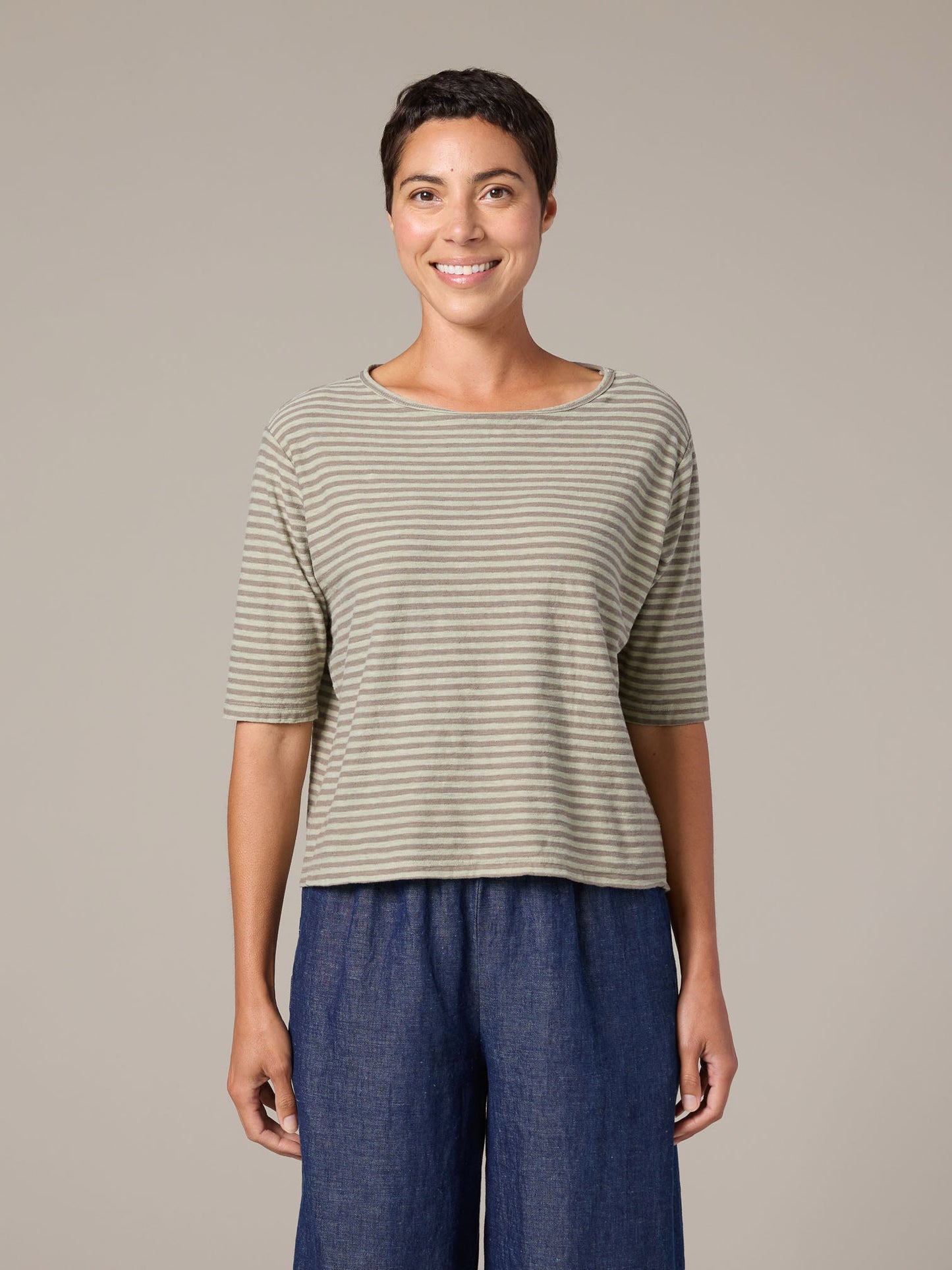 Top--Stripes, Elbow-Length, Cotton-Linen, 3 Colors (Cut Loose)