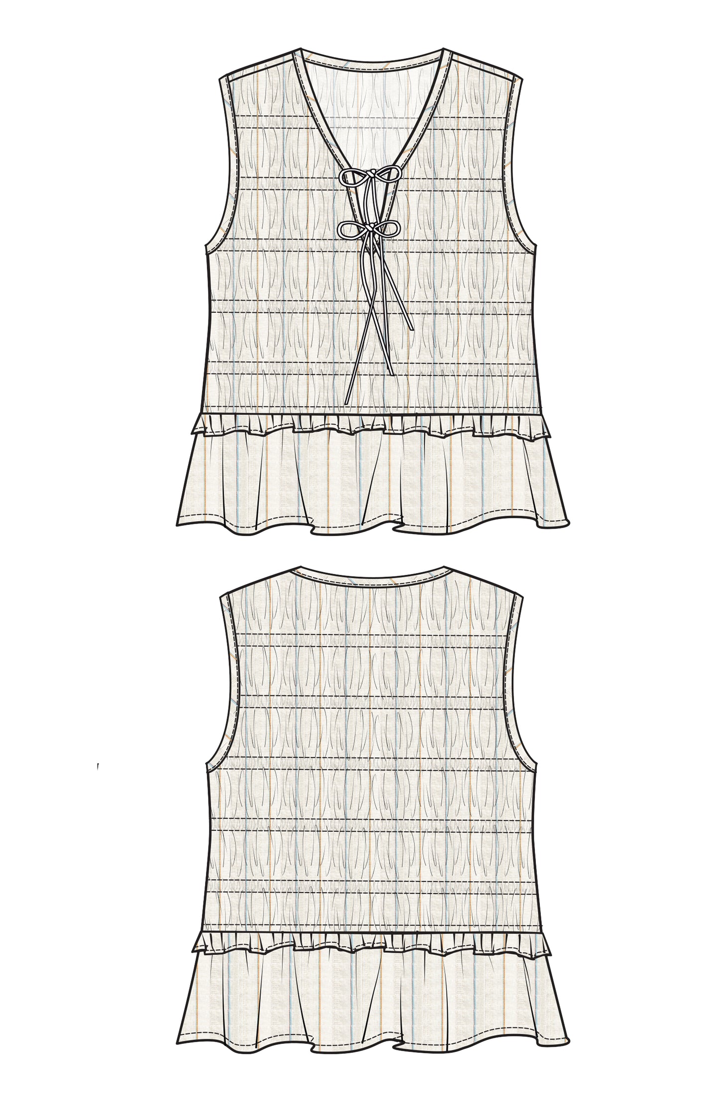Shirt--Smocked, Tie-front, Sleeveless, Cream w/Light Blue (Liverpool LA)